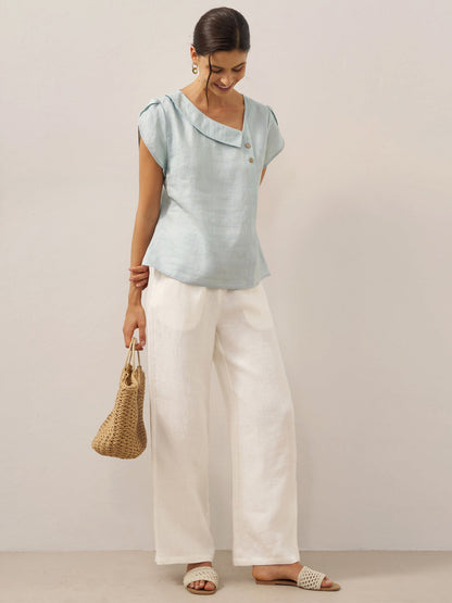 100% Linen Crescent Collar Flutter Sleeve Top FARA by LINTICO