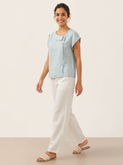 100% Linen Crescent Collar Flutter Sleeve Top FARA by LINTICO
