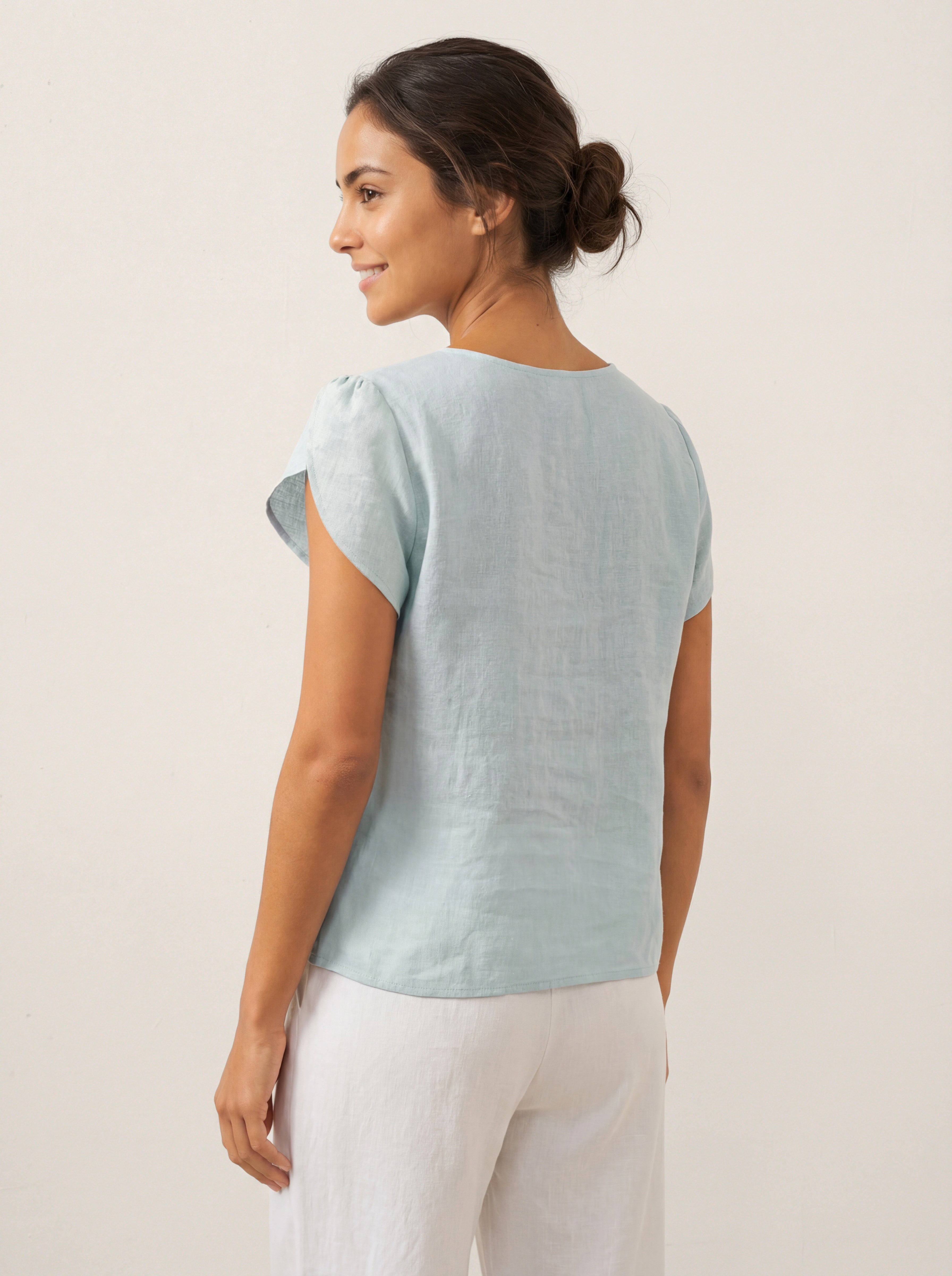 100% Linen Crescent Collar Flutter Sleeve Top FARA by LINTICO