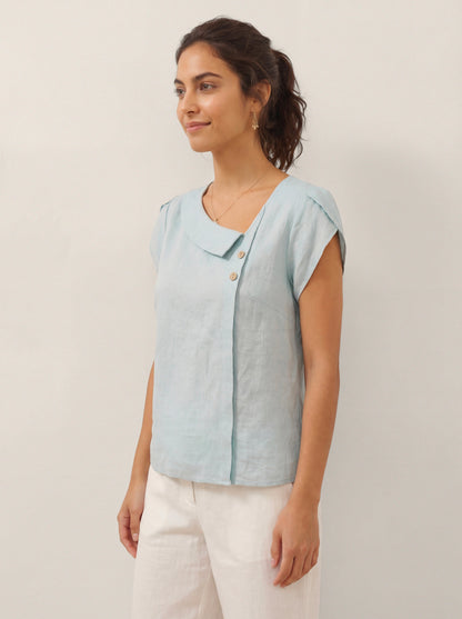 100% Linen Crescent Collar Flutter Sleeve Top FARA by LINTICO