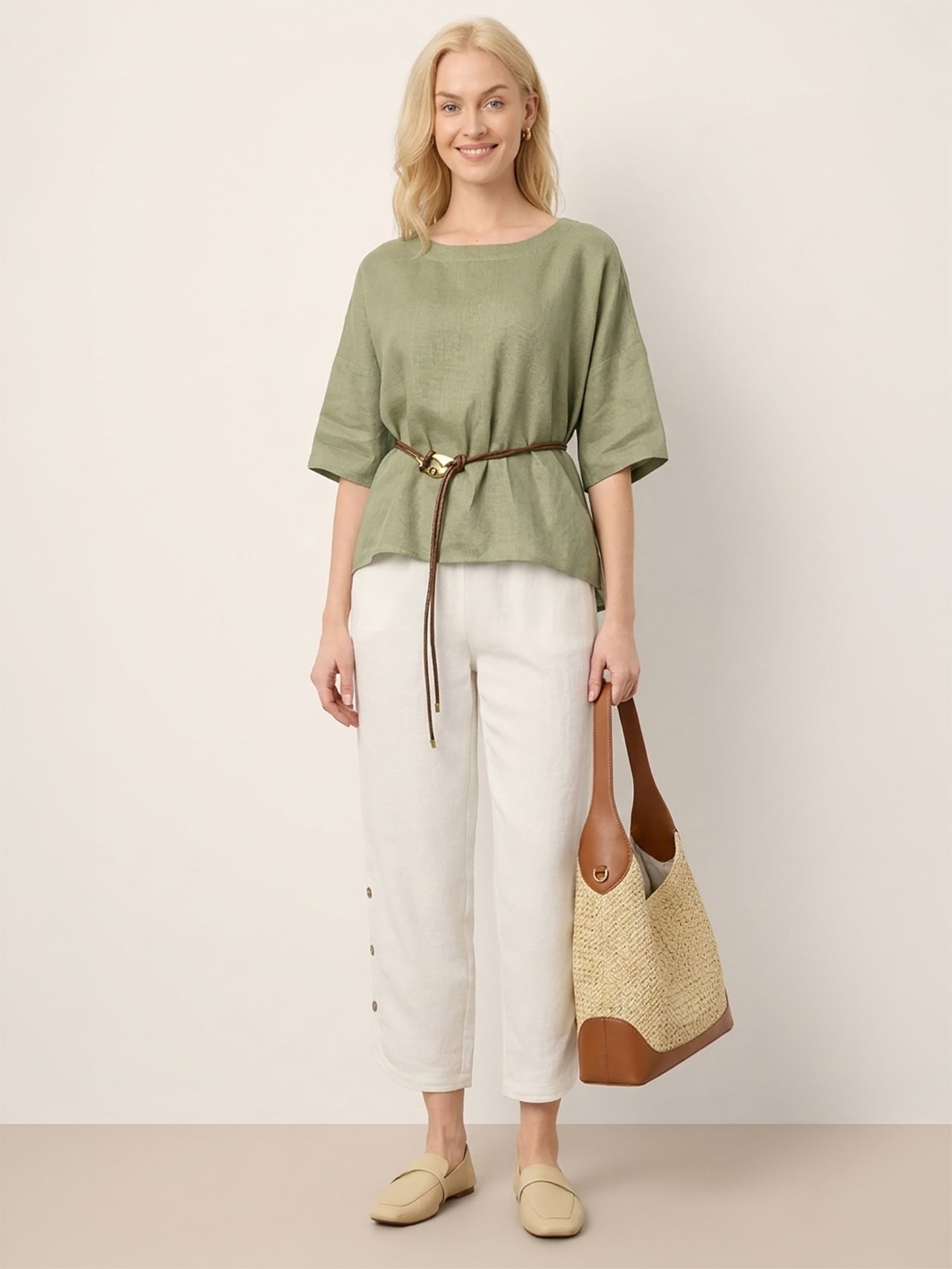 100% Linen Drop Shoulder Shirred Back High-Low Hem Top LINDSEY by LINTICO