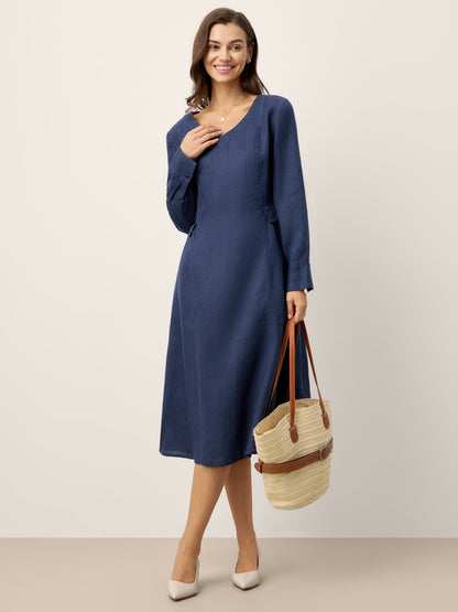 100% Linen Gathered Waist Flap Detail Midi Dress DIANA by LINTICO