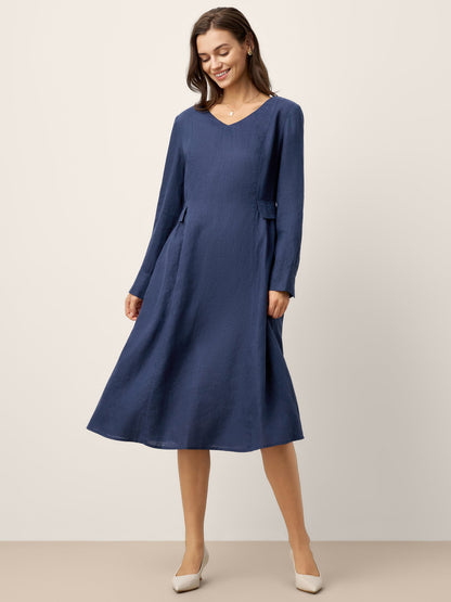100% Linen Gathered Waist Flap Detail Midi Dress DIANA by LINTICO