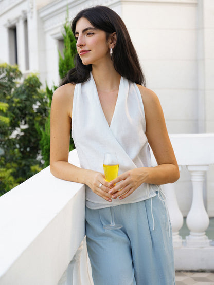 100% Linen Halter Neck Tie-Front Crop Top FAYE by LINTICO