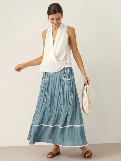 100% Linen Halter Neck Tie-Front Crop Top FAYE by LINTICO