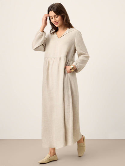 100% Linen Sculpted-Hood Caftan Midi Dress LINETTE by LINTICO