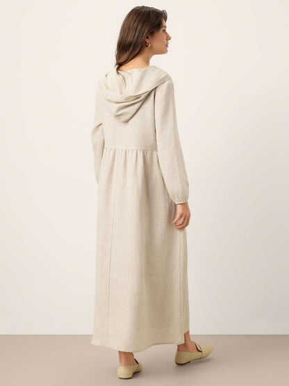 100% Linen Sculpted-Hood Caftan Midi Dress LINETTE by LINTICO