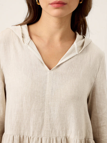 100% Linen Sculpted-Hood Caftan Midi Dress LINETTE by LINTICO