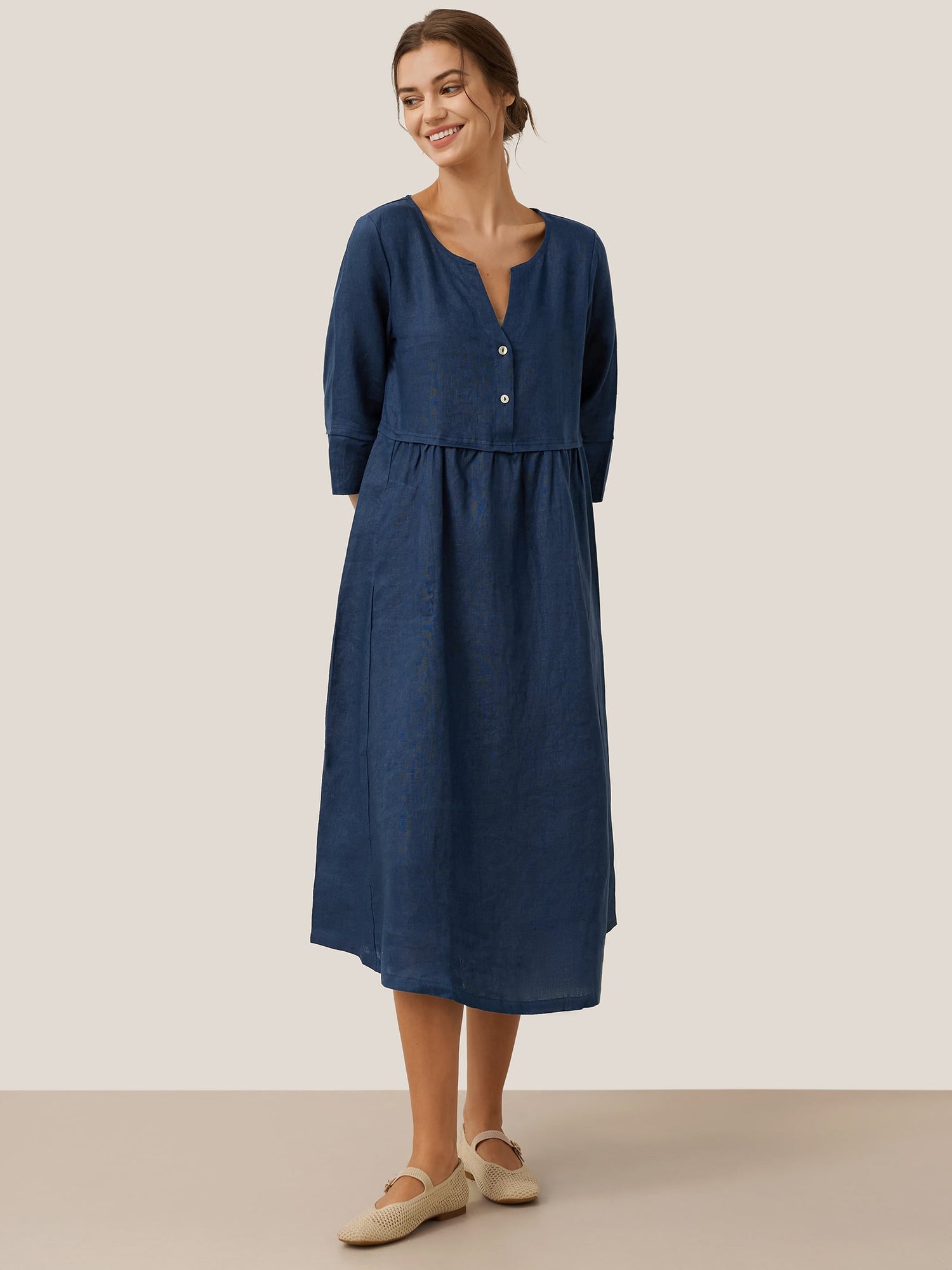 100% Linen Loose Fit Button Waist Gathered Midi Dress LUNA by LINTICO