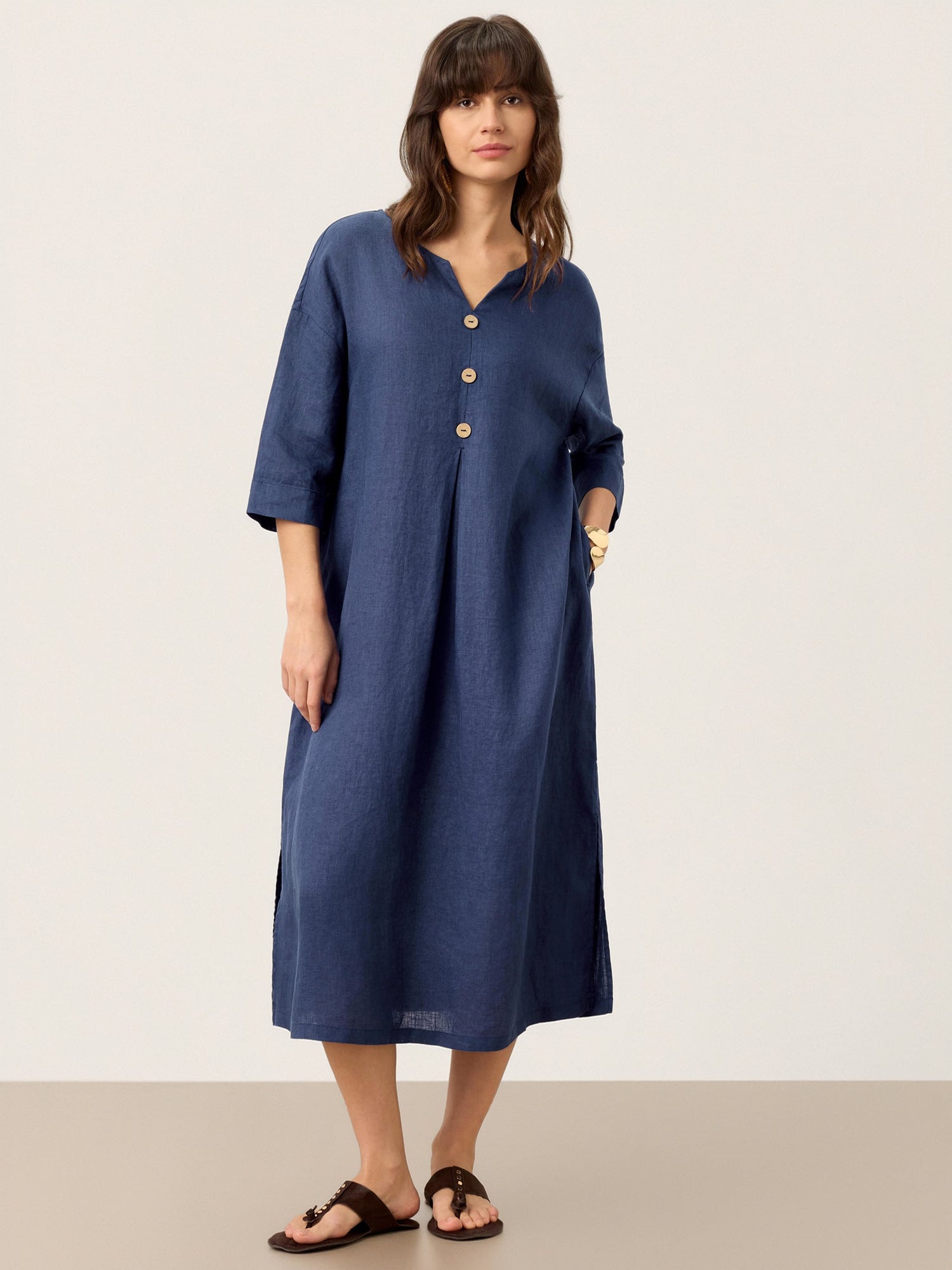 100% Linen Notch Neck Inverted Pleat Midi Dress MATILDE by LINTICO