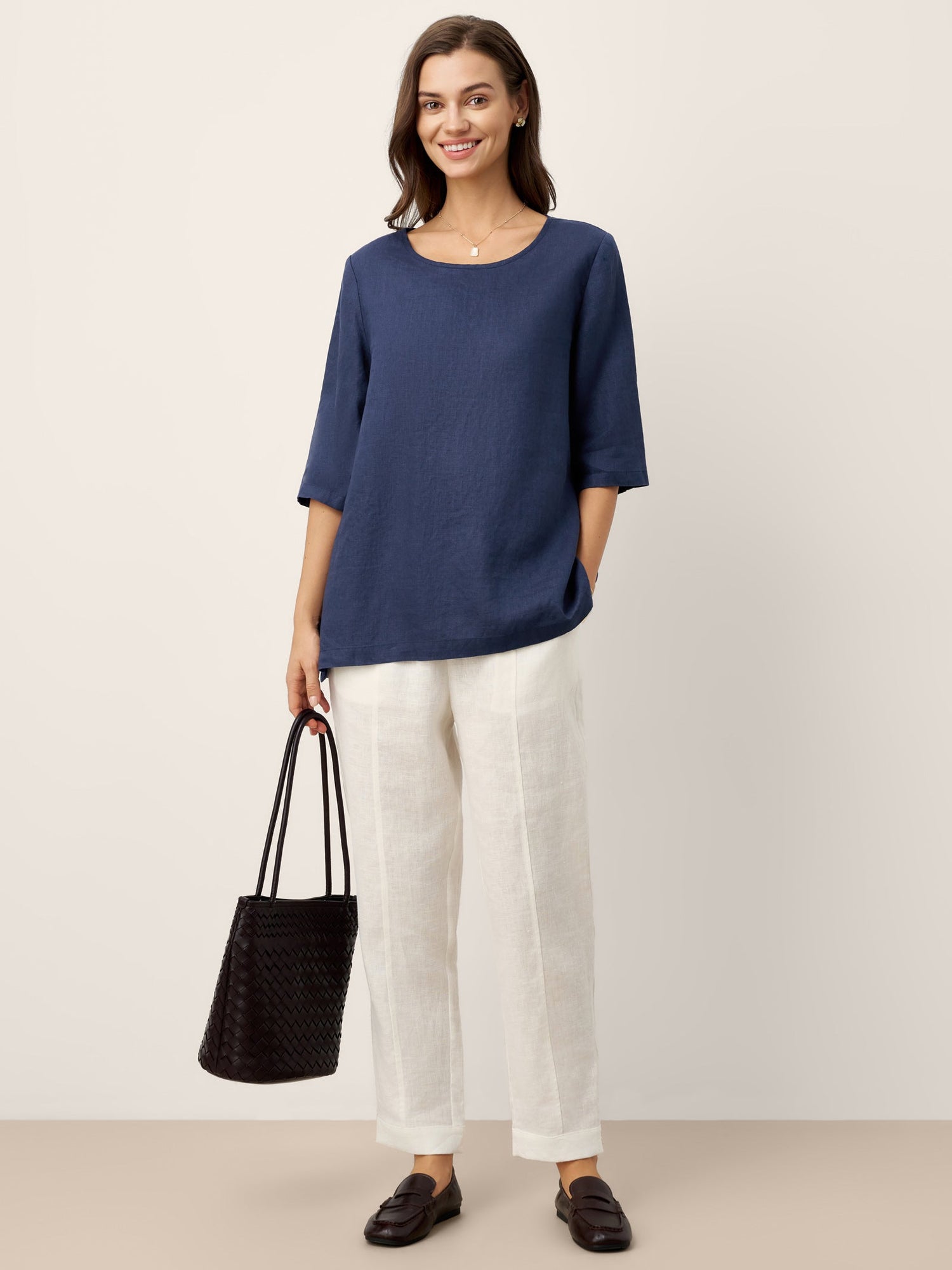 100% Linen Relaxed Back Button Top with Tab Sleeves SYLVANA by LINTICO
