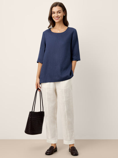 100% Linen Relaxed Back Button Top with Tab Sleeves SYLVANA by LINTICO