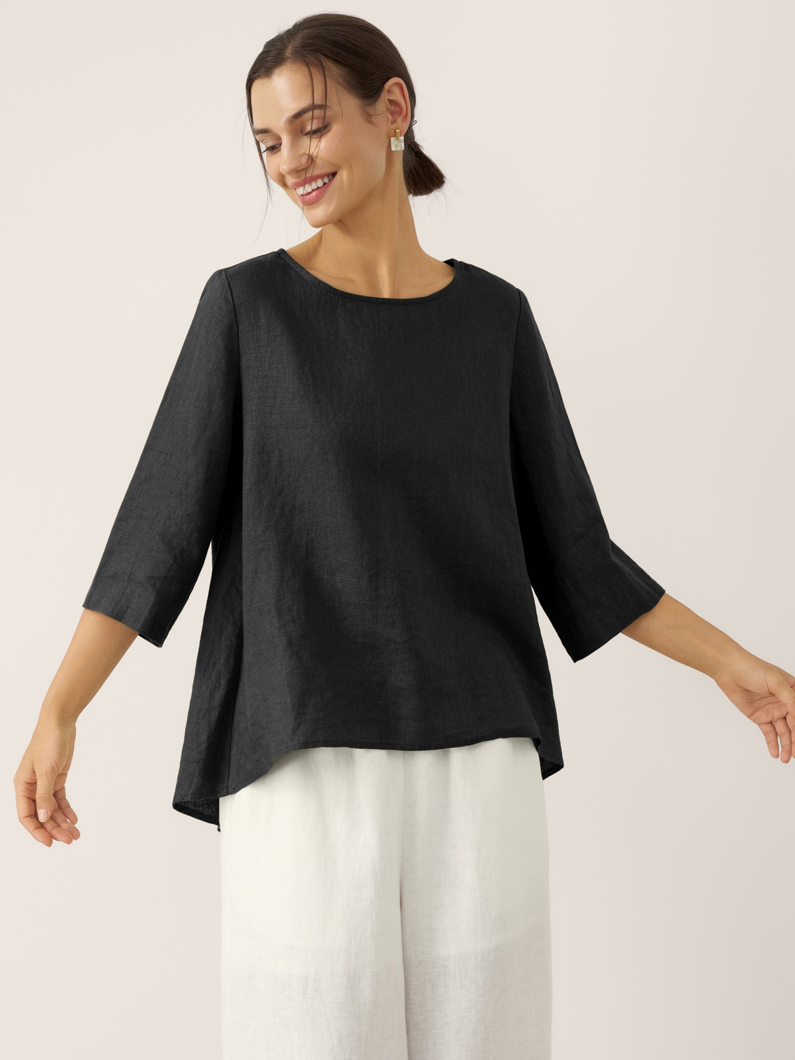 100% Linen Round Neck Asymmetrical Hem Top BRIANNA by LINTICO