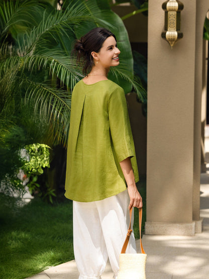 100% Linen Round Neck Asymmetrical Hem Top BRIANNA by LINTICO