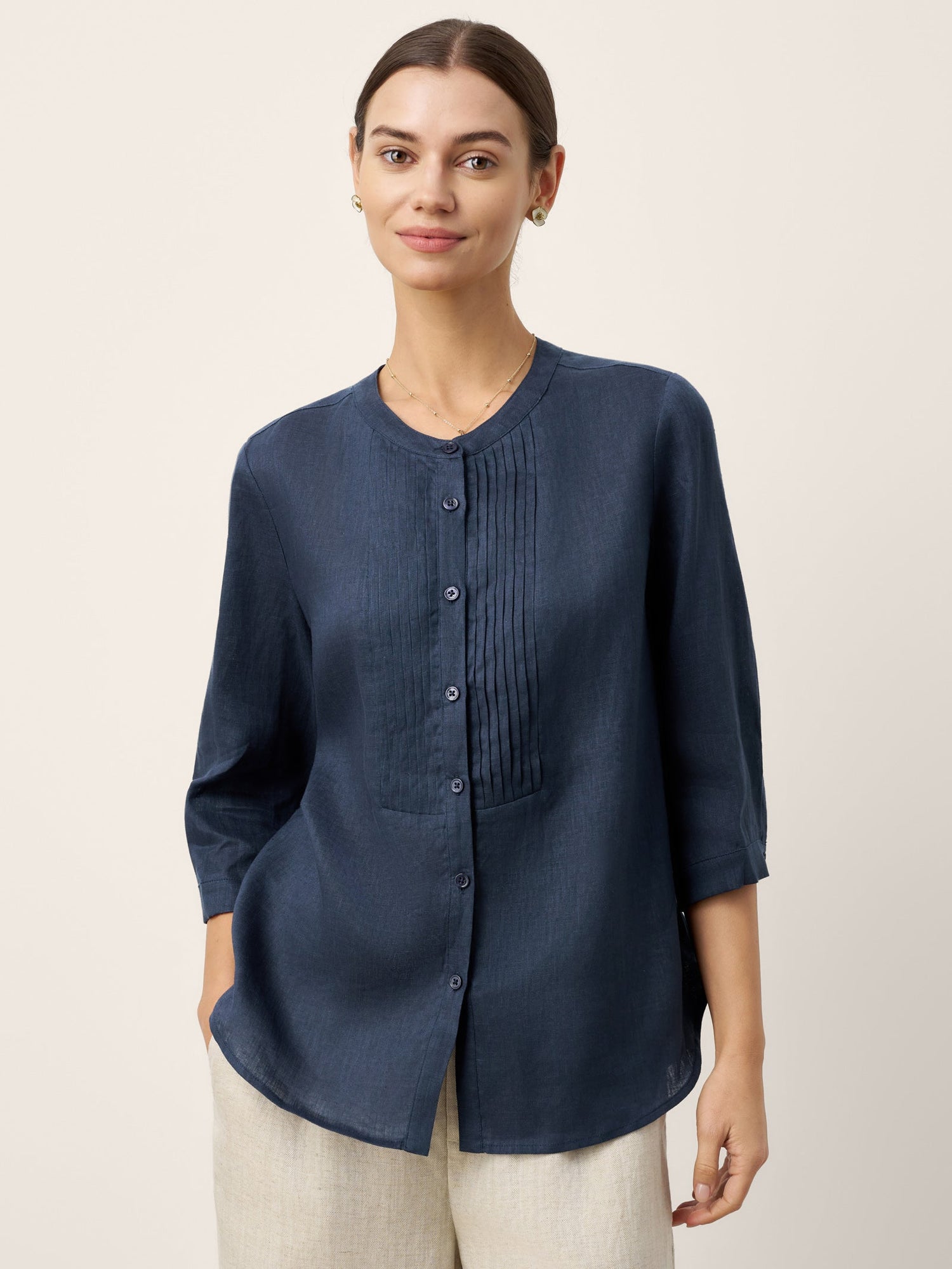 100% Linen Sculpted Accordion Pleat Crew Neck Shirt RANA by LINTICO