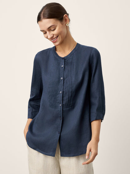 100% Linen Sculpted Accordion Pleat Crew Neck Shirt RANA by LINTICO