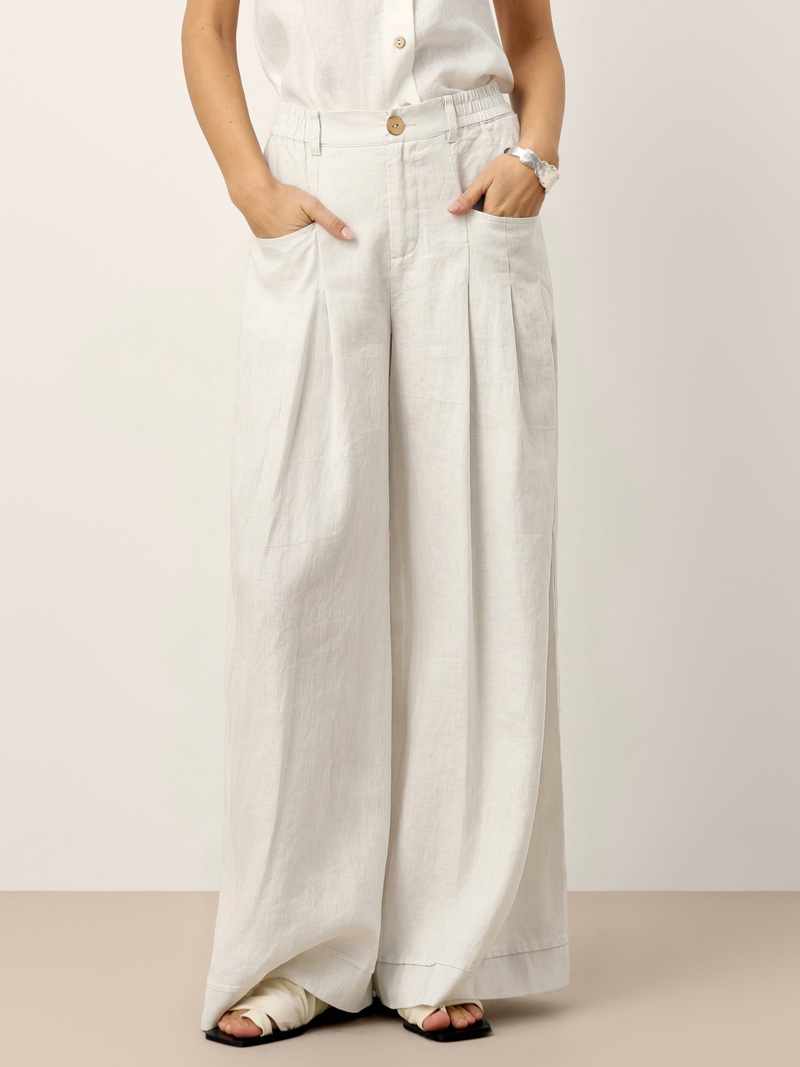 100% Linen Sculpted Pleat Elasticated Back Relaxed Pants VERIDIANA by LINTICO