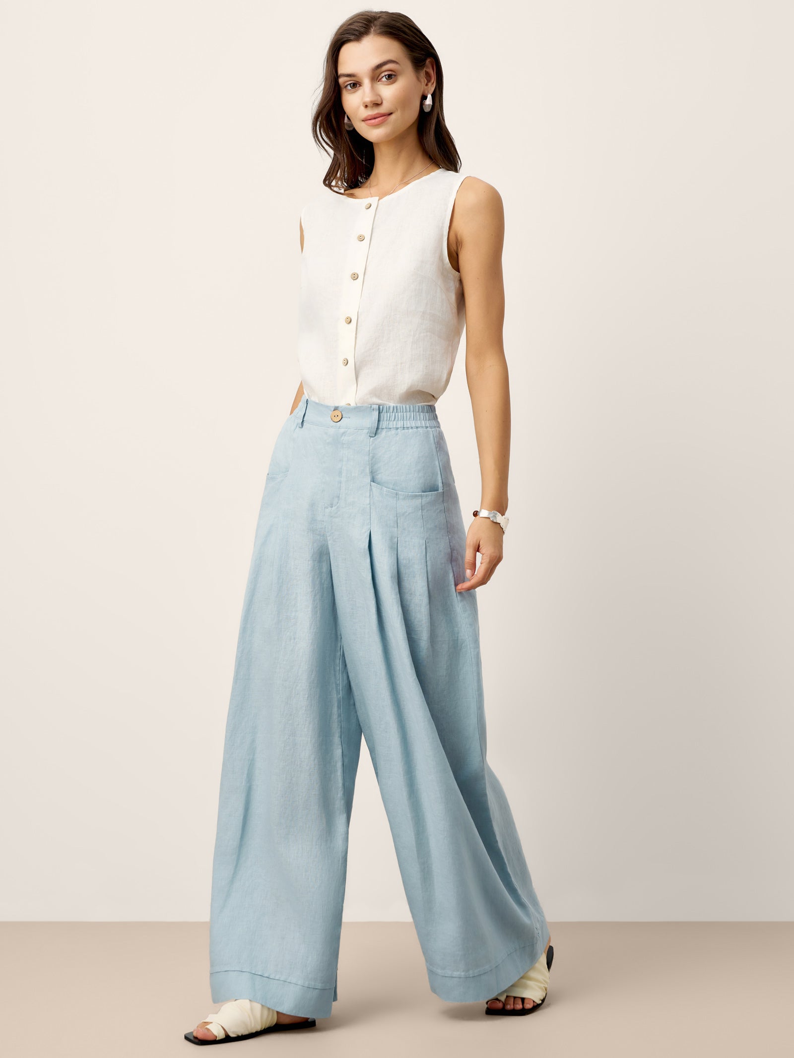 100% Linen Sculpted Pleat Elasticated Back Relaxed Pants VERIDIANA by LINTICO