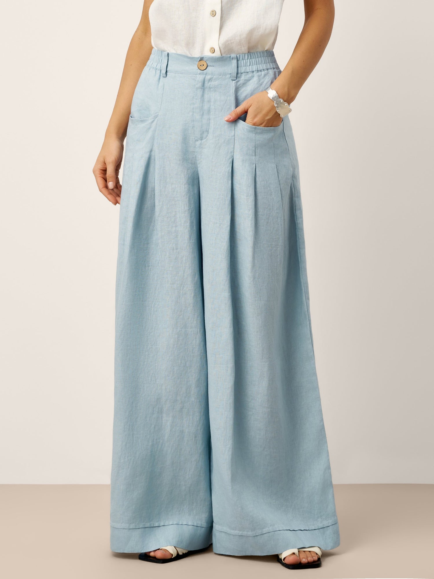100% Linen Sculpted Pleat Elasticated Back Relaxed Pants VERIDIANA by LINTICO