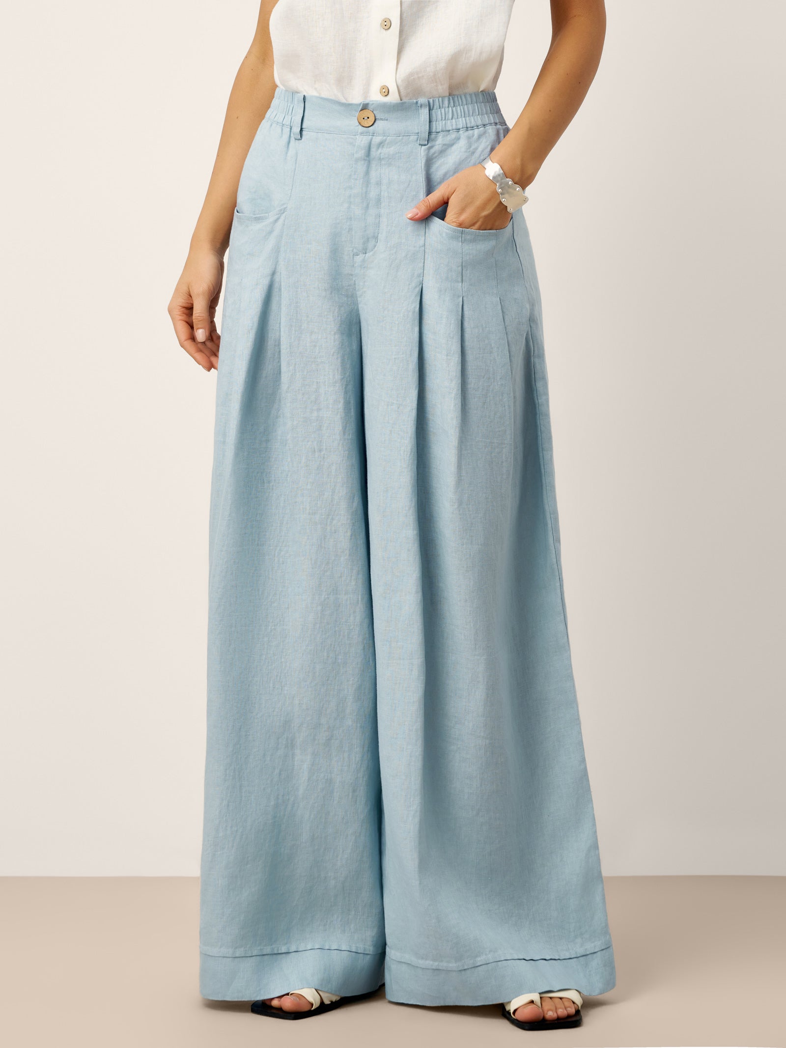 100% Linen Sculpted Pleat Elasticated Back Relaxed Pants VERIDIANA by LINTICO