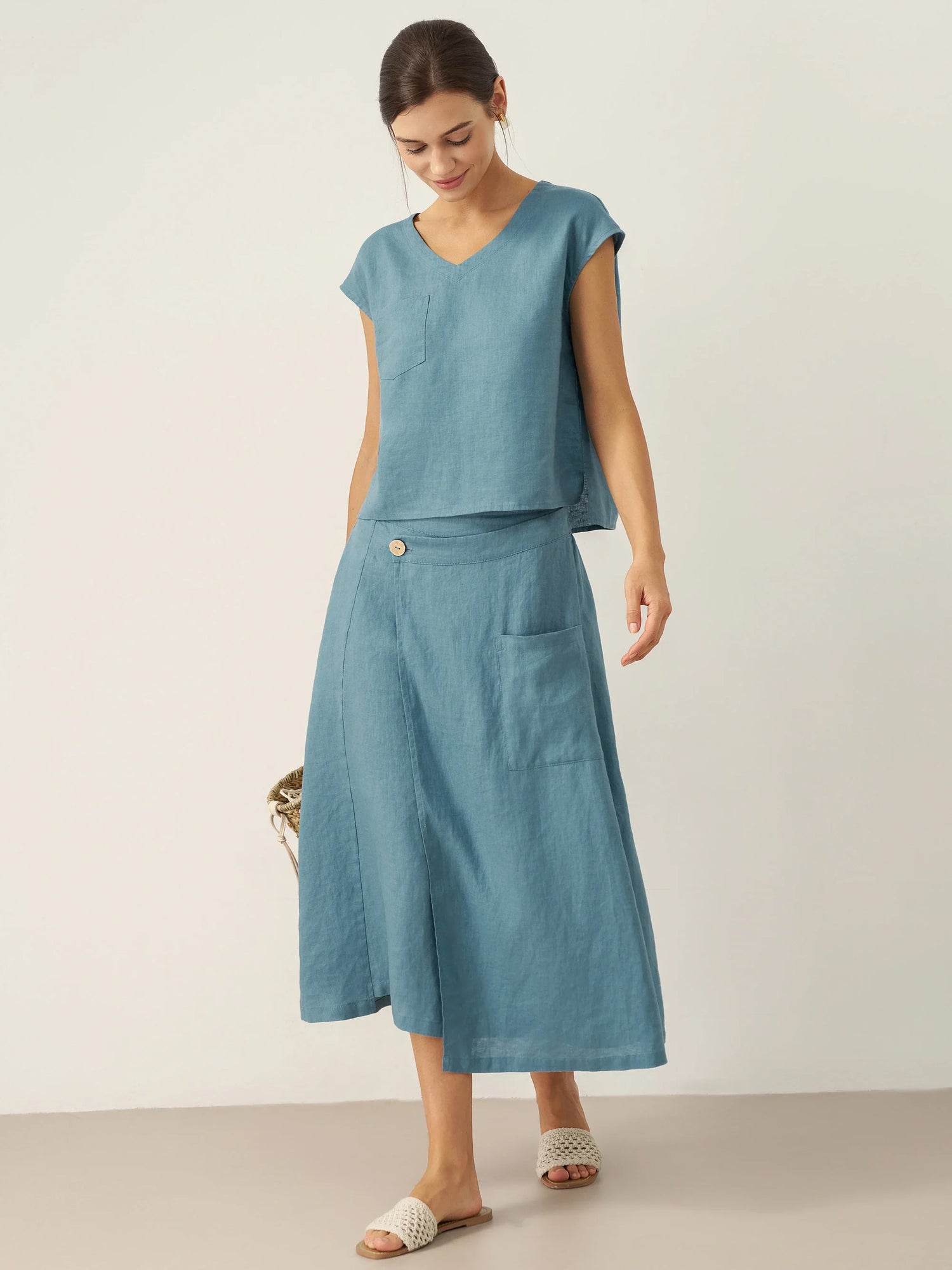 100% Linen V-Neck Cap Sleeve Crop Top FRESSA by LINTICO