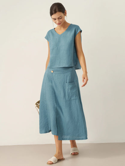 100% Linen V-Neck Cap Sleeve Crop Top FRESSA by LINTICO