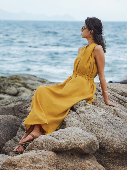 100% Linen V-Neck Halter Maxi Dress BETH by LINTICO