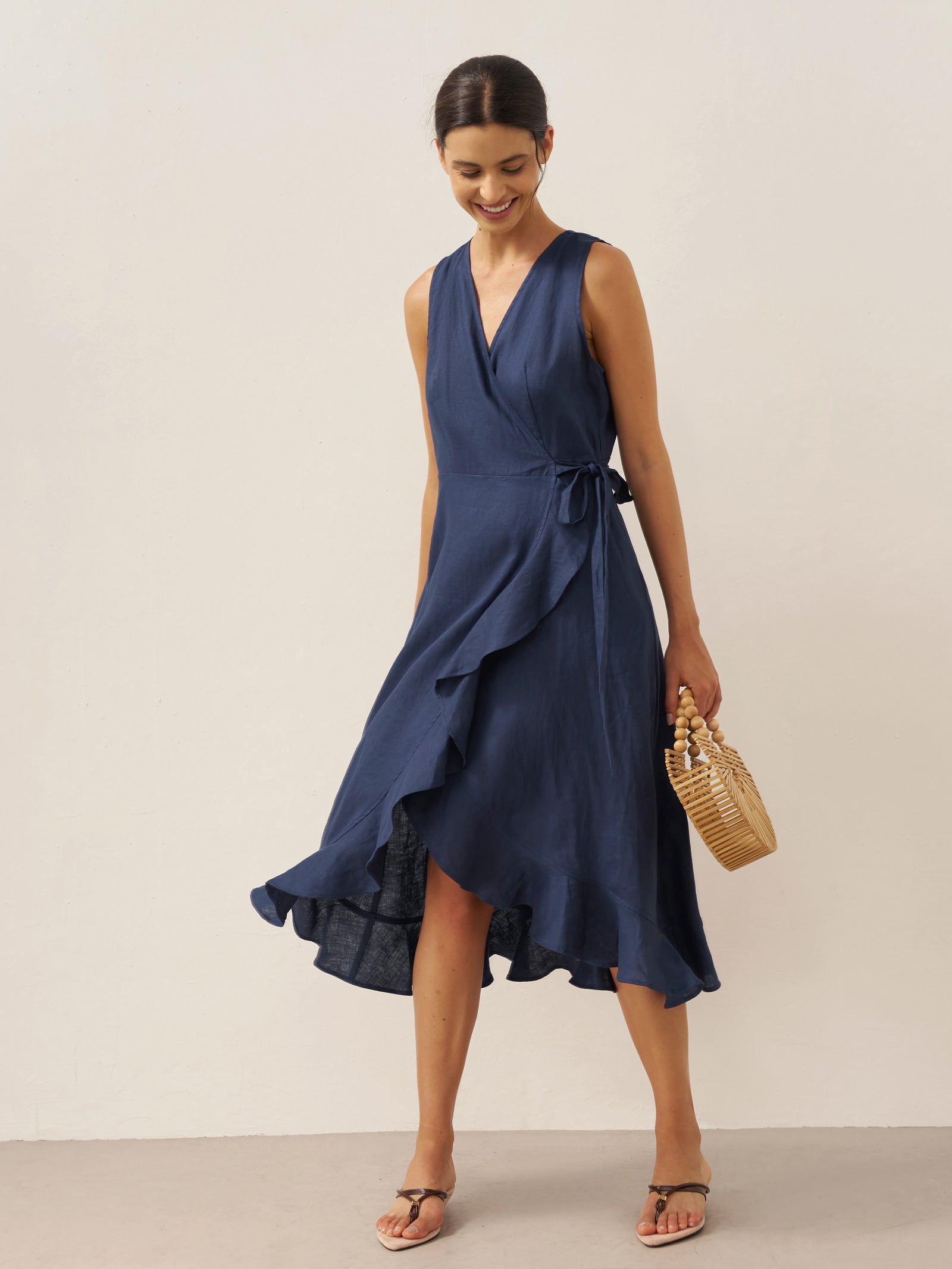 100% Linen V-Neck One-Piece Ruffle Hem Midi Dress MAYA by LINTICO