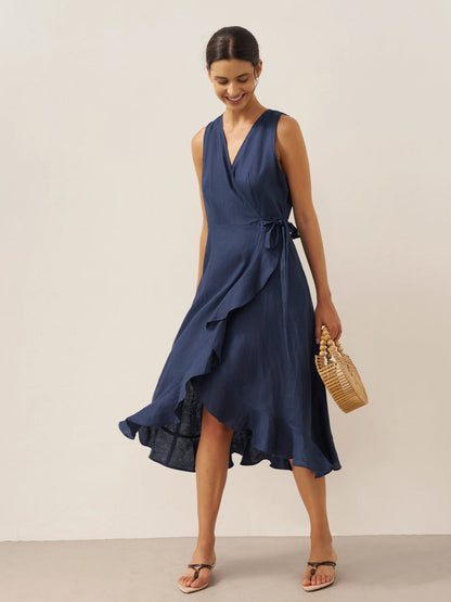 100% Linen V-Neck One-Piece Ruffle Hem Midi Dress MAYA by LINTICO