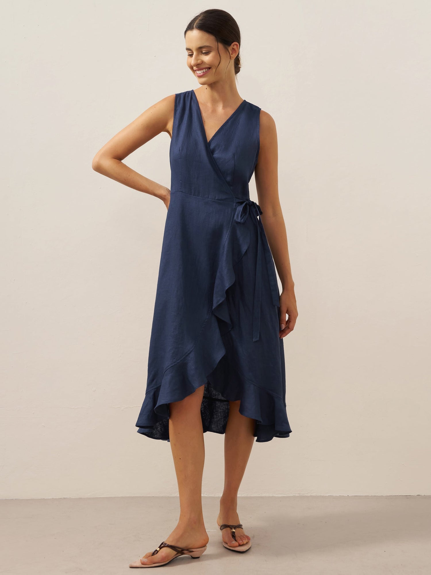 100% Linen V-Neck One-Piece Ruffle Hem Midi Dress MAYA by LINTICO