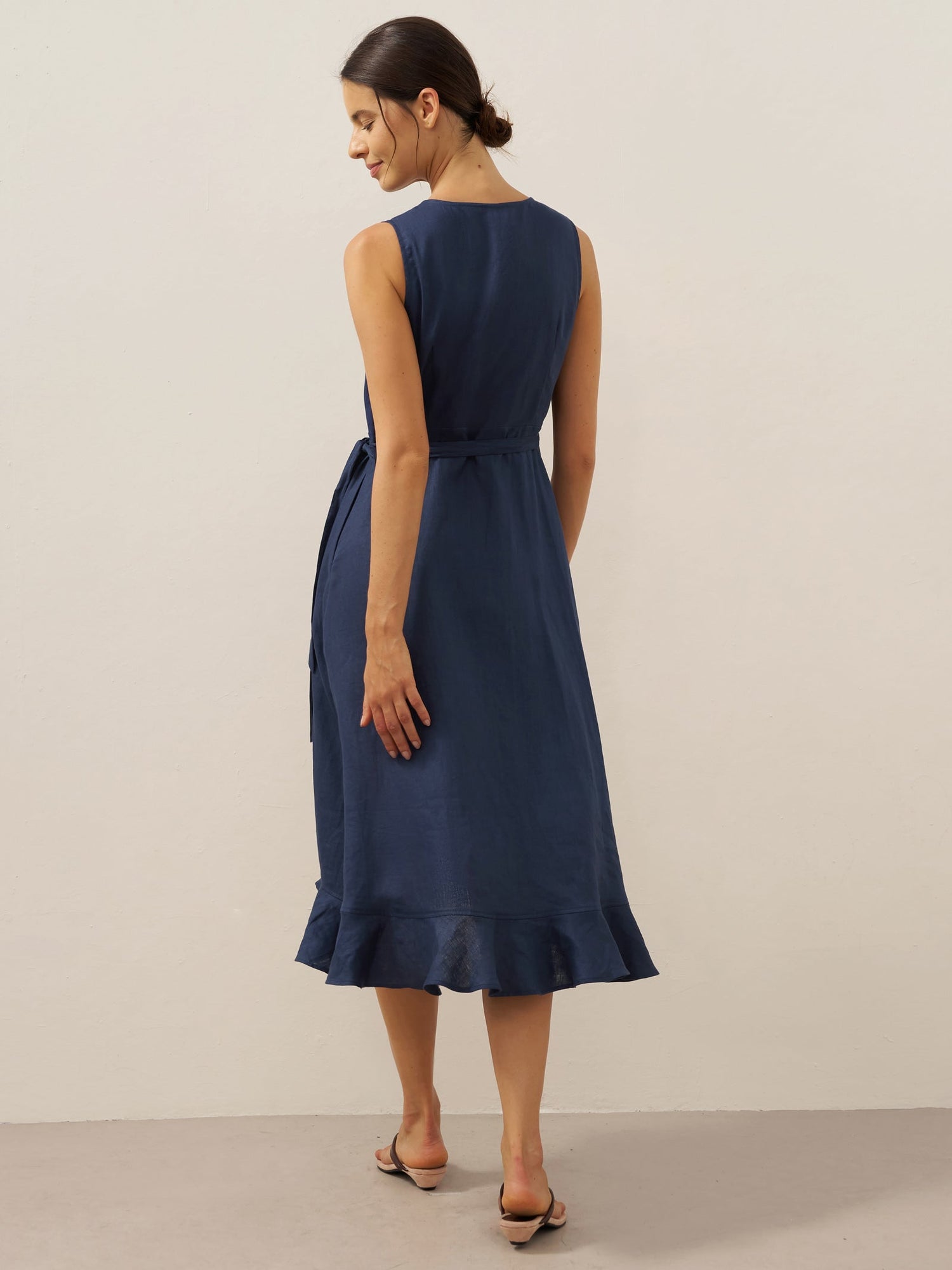 100% Linen V-Neck One-Piece Ruffle Hem Midi Dress MAYA by LINTICO