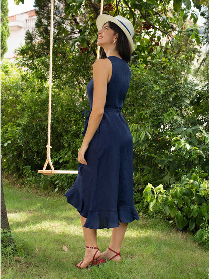 100% Linen V-Neck One-Piece Ruffle Hem Midi Dress MAYA by LINTICO