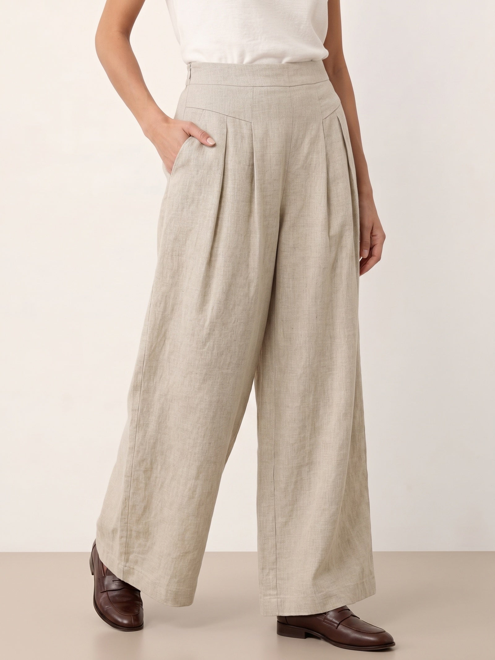 100% Linen Pleated Waist Wide Leg Pants LOUISA by LINTICO