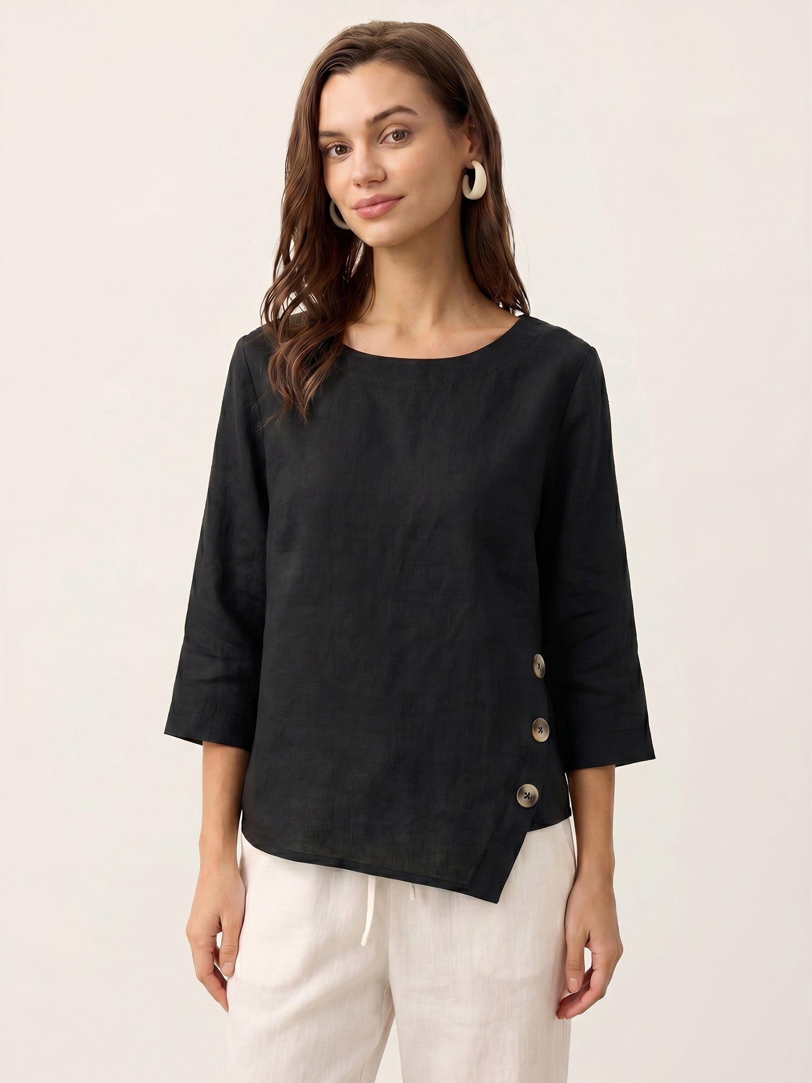 100% Linen Asymmetric-Hem Button-Trim Top NYLA by LINTICO
