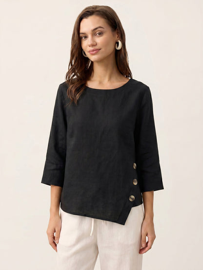 100% Linen Asymmetric-Hem Button-Trim Top NYLA by LINTICO