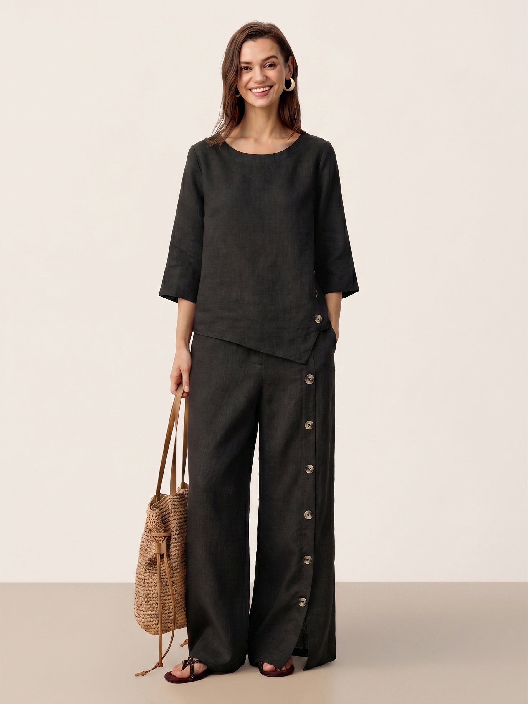 100% Linen Asymmetric-Hem Button-Trim Top NYLA by LINTICO