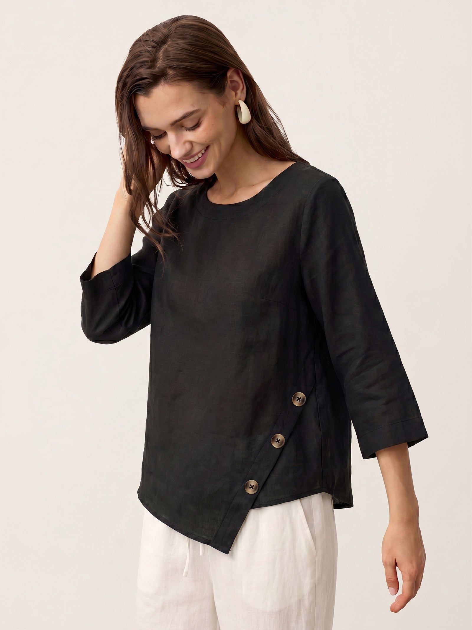 100% Linen Asymmetric-Hem Button-Trim Top NYLA by LINTICO