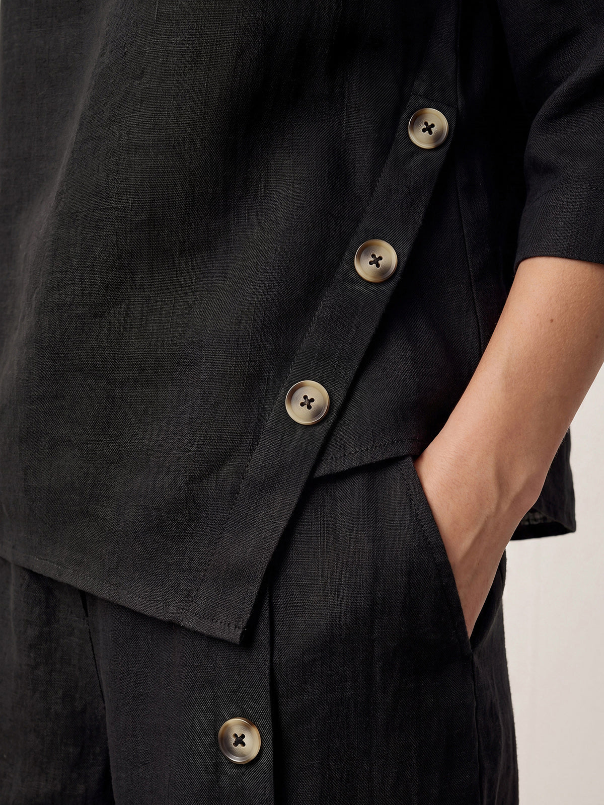 100% Linen Asymmetric-Hem Button-Trim Top NYLA by LINTICO