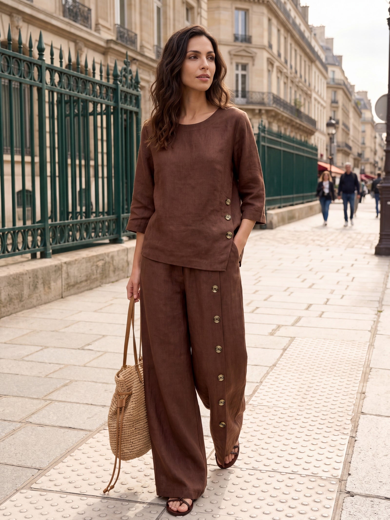 100% Linen Asymmetric-Hem Button-Trim Top NYLA by LINTICO