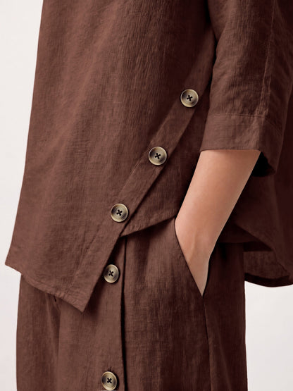 100% Linen Asymmetric-Hem Button-Trim Top NYLA by LINTICO