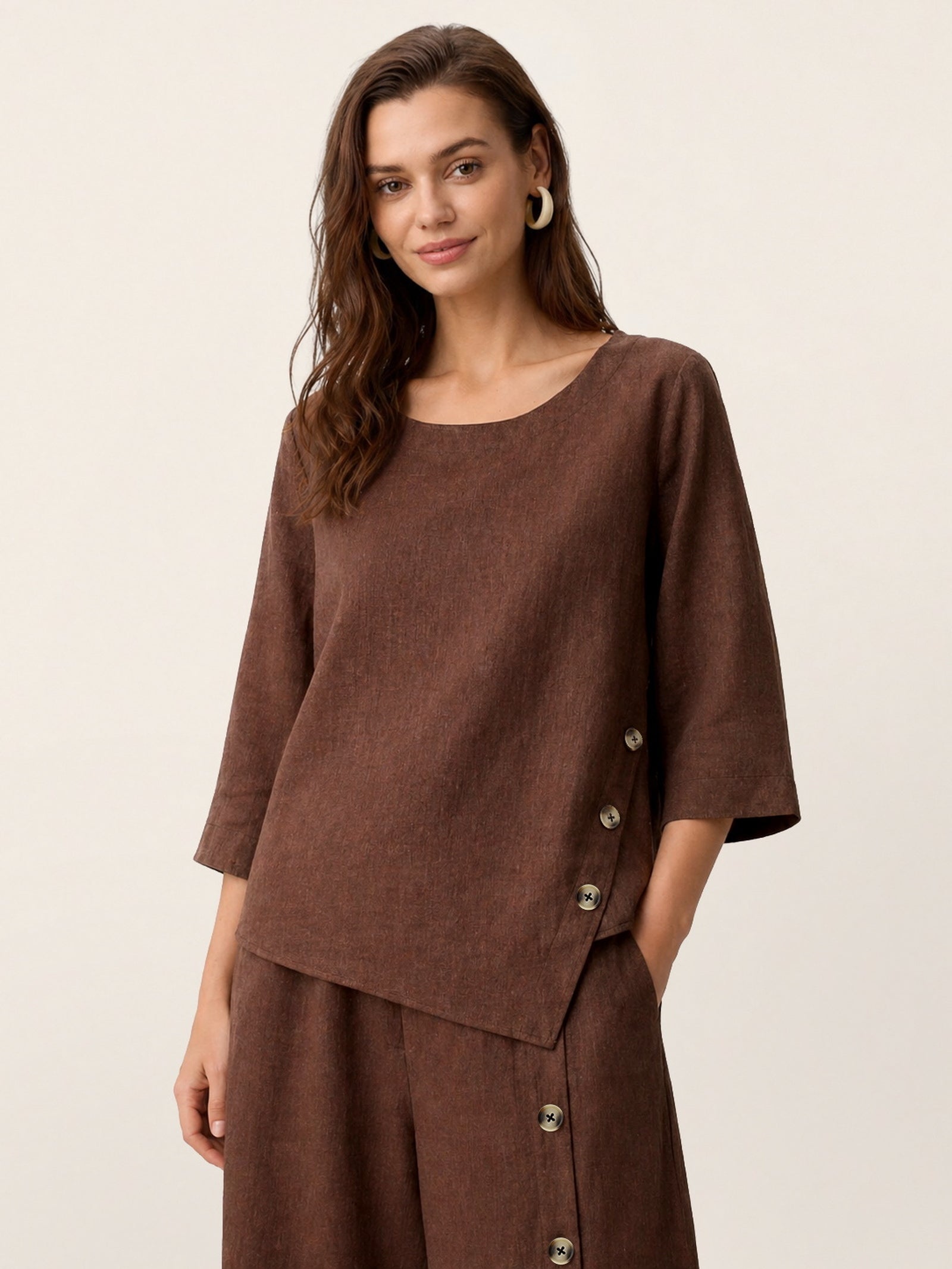 100% Linen Asymmetric-Hem Button-Trim Top NYLA by LINTICO