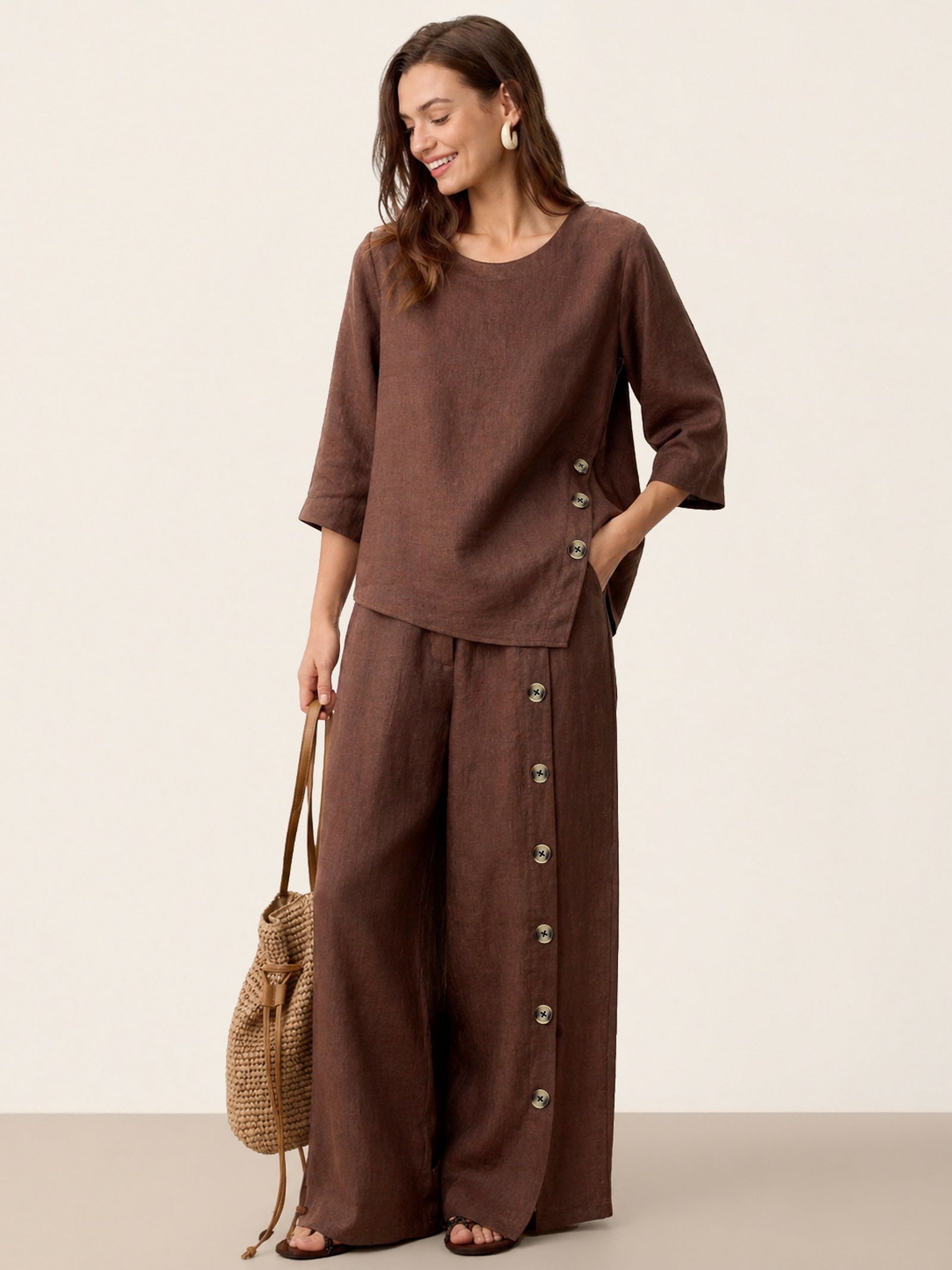 100% Linen Asymmetric-Hem Button-Trim Top NYLA by LINTICO