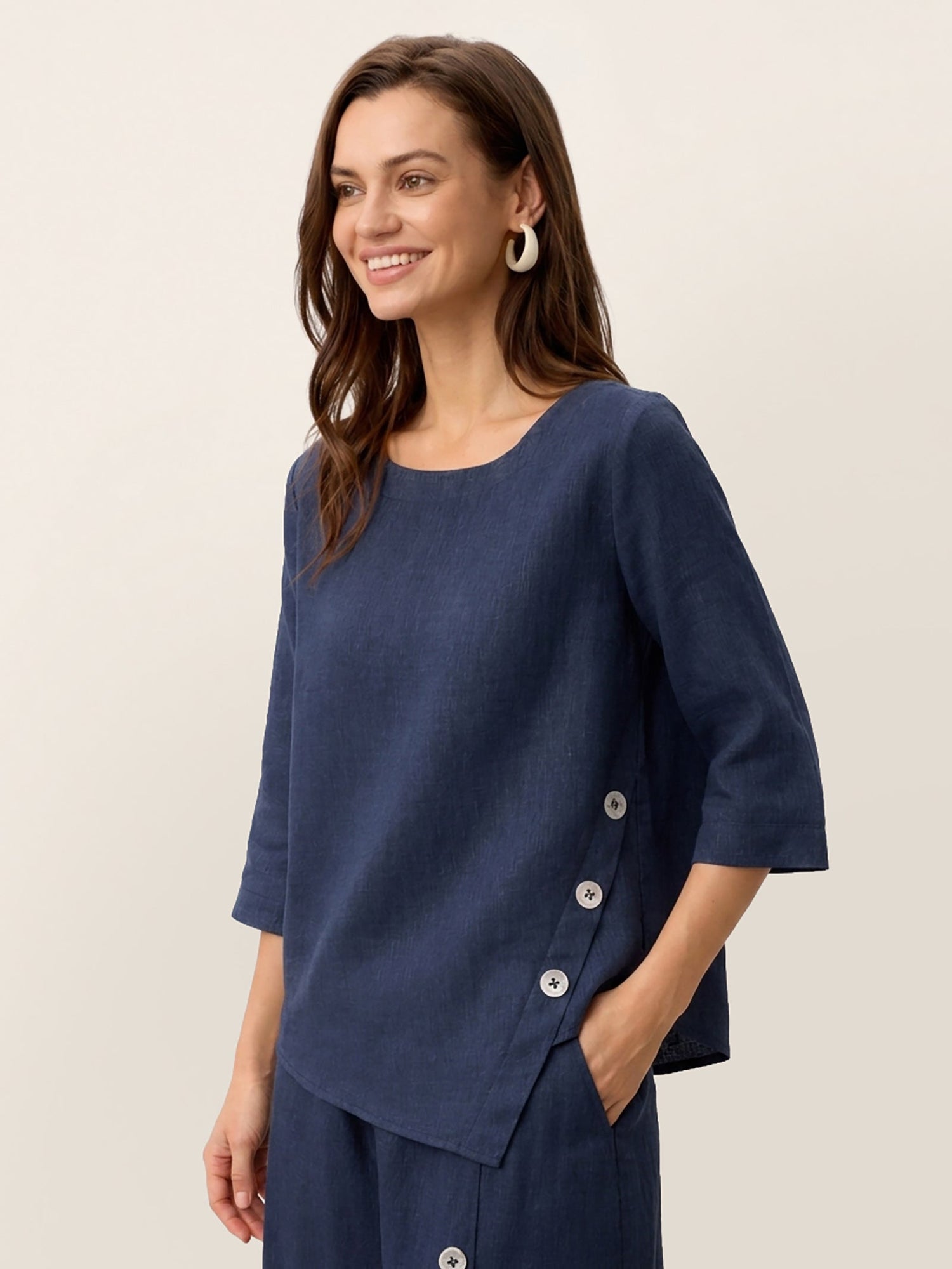 100% Linen Asymmetric-Hem Button-Trim Top NYLA by LINTICO