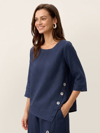 100% Linen Asymmetric-Hem Button-Trim Top NYLA by LINTICO