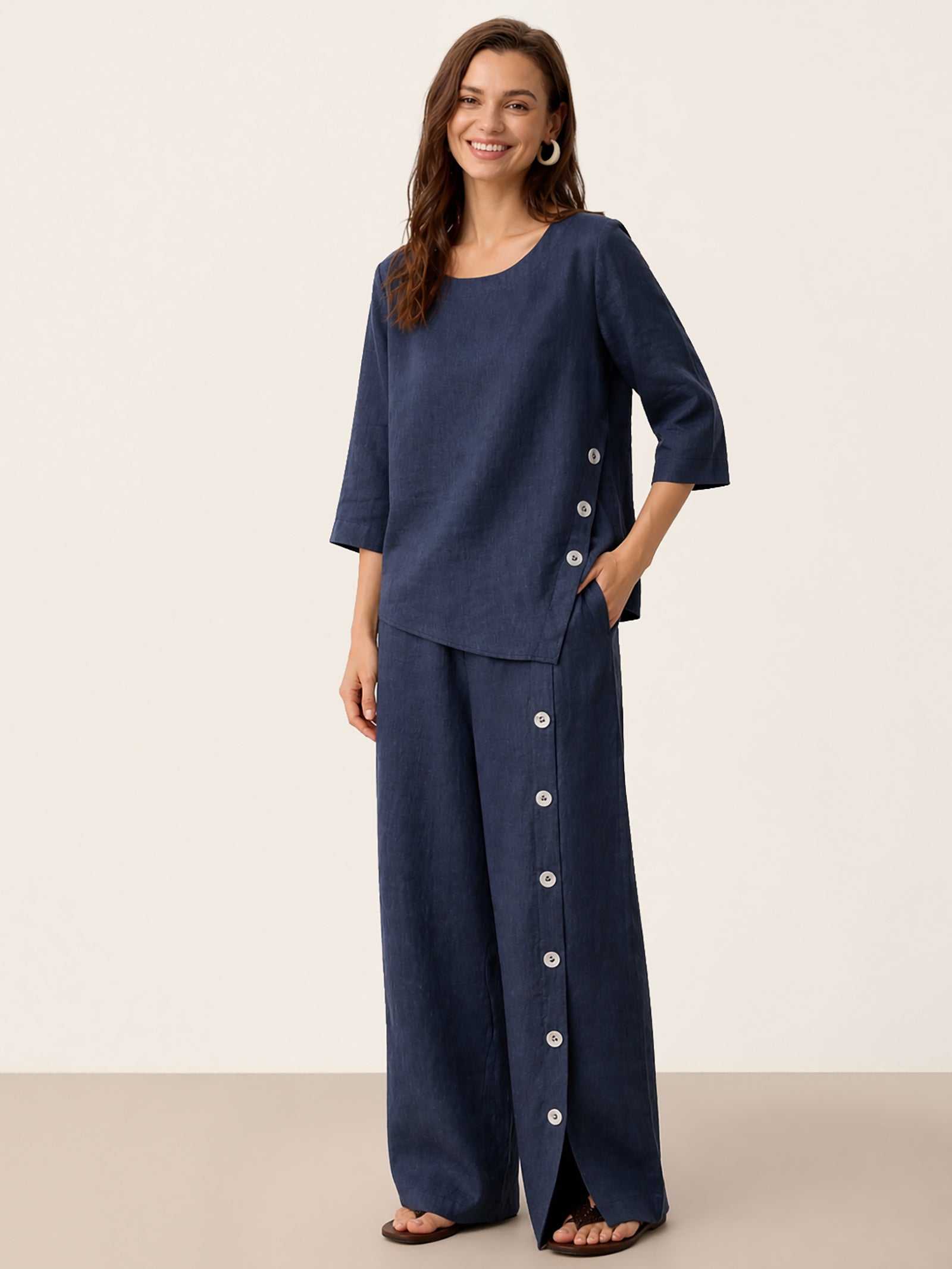 100% Linen Asymmetric-Hem Button-Trim Top NYLA by LINTICO