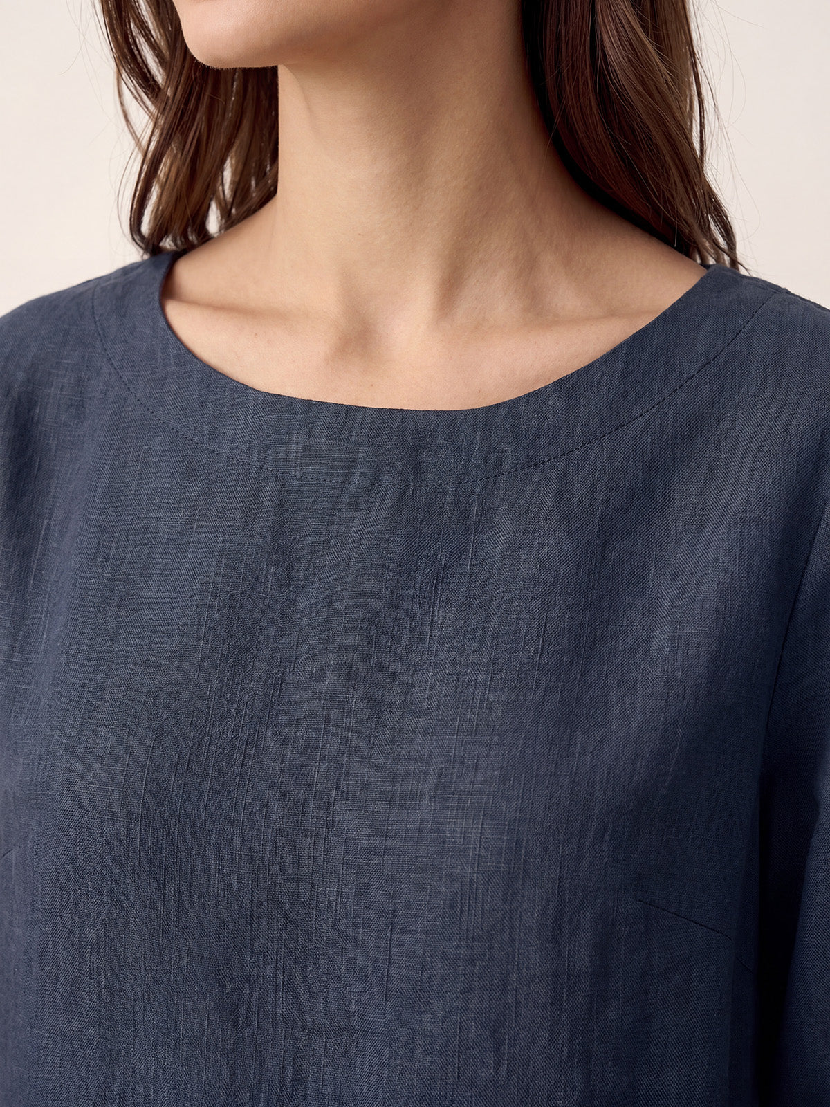 100% Linen Asymmetric-Hem Button-Trim Top NYLA by LINTICO