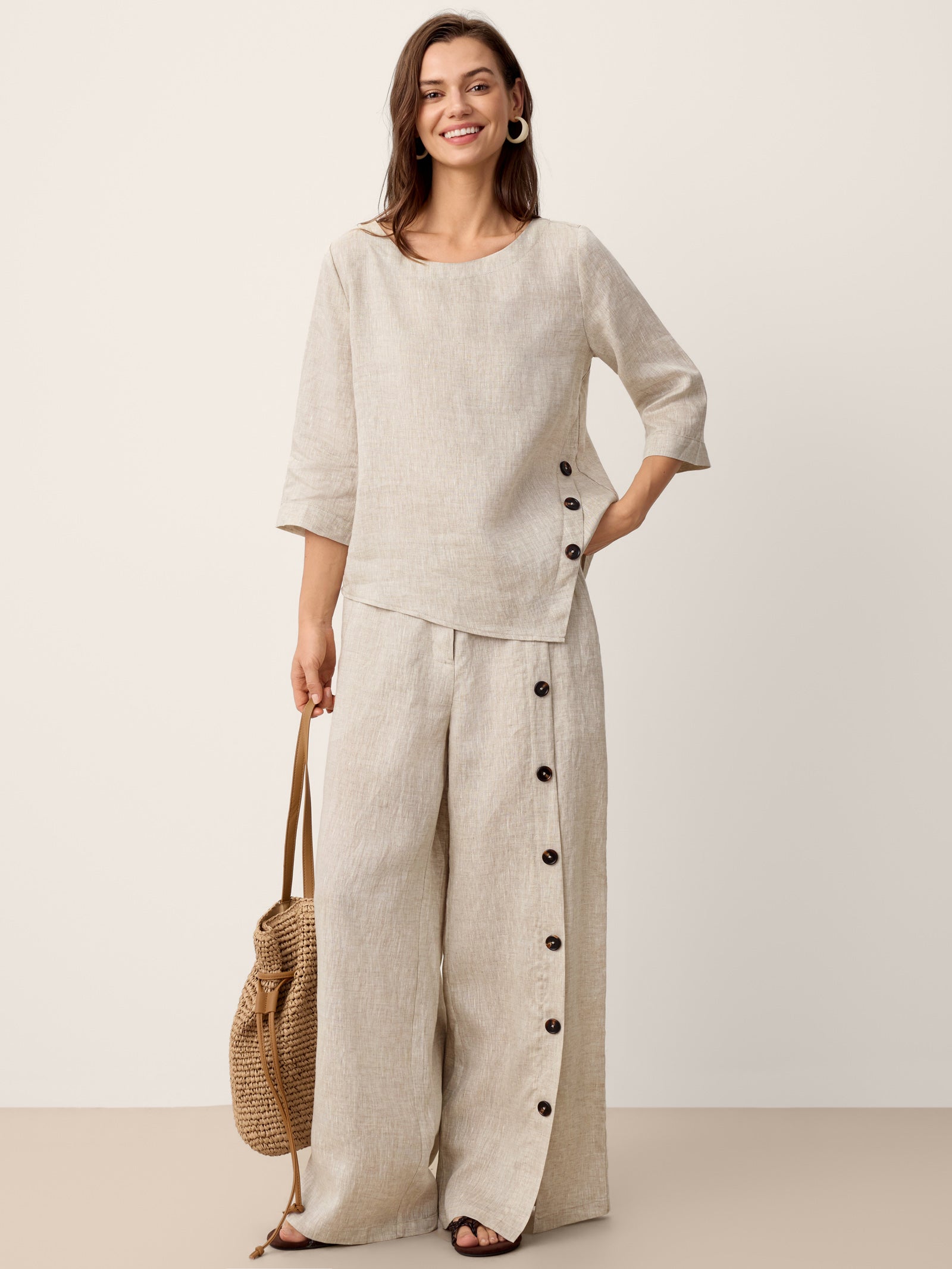 100% Linen Asymmetric-Hem Button-Trim Top NYLA by LINTICO