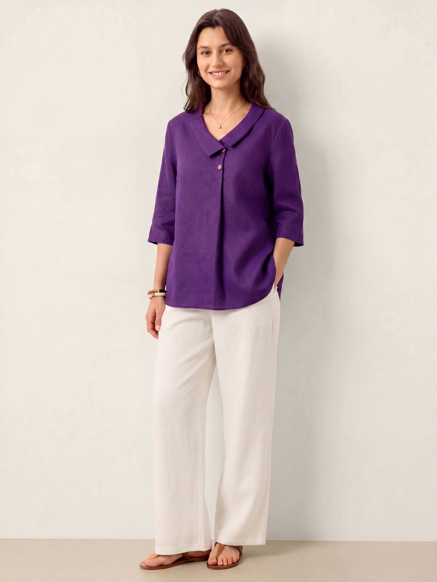 100% Linen Asymmetric Collar Inverted Pleat Top OTTILIE by LINTICO