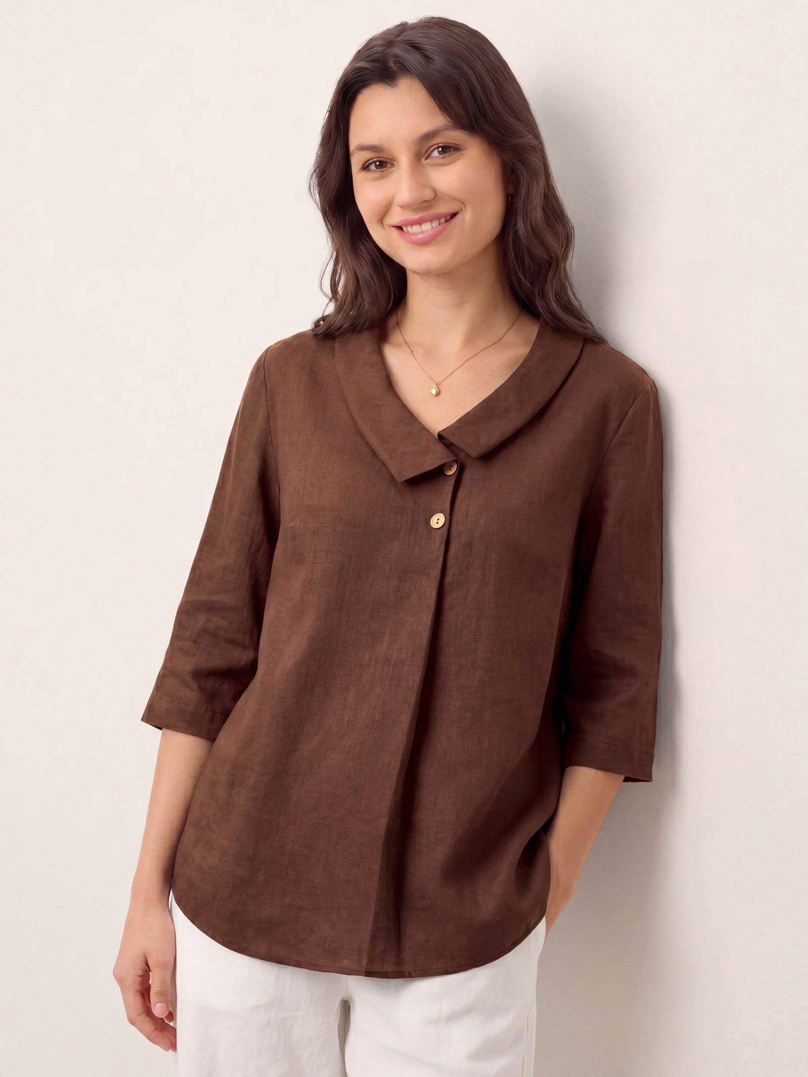 100% Linen Asymmetric Collar Inverted Pleat Top OTTILIE by LINTICO