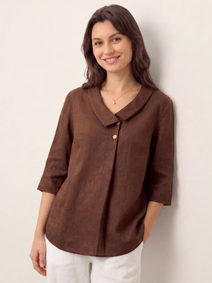 100% Linen Asymmetric Collar Inverted Pleat Top OTTILIE by LINTICO